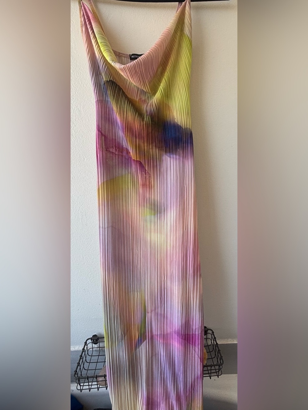 PrettyLittleThing Watercolor Pleated Cowl Neck Maxi Dress - Pink/Yellow/Blue